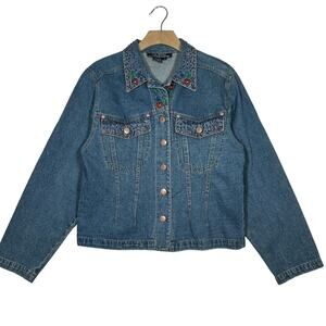 SK Wear Women's Denim Jacket Beaded with Floral Embroidery Size Small